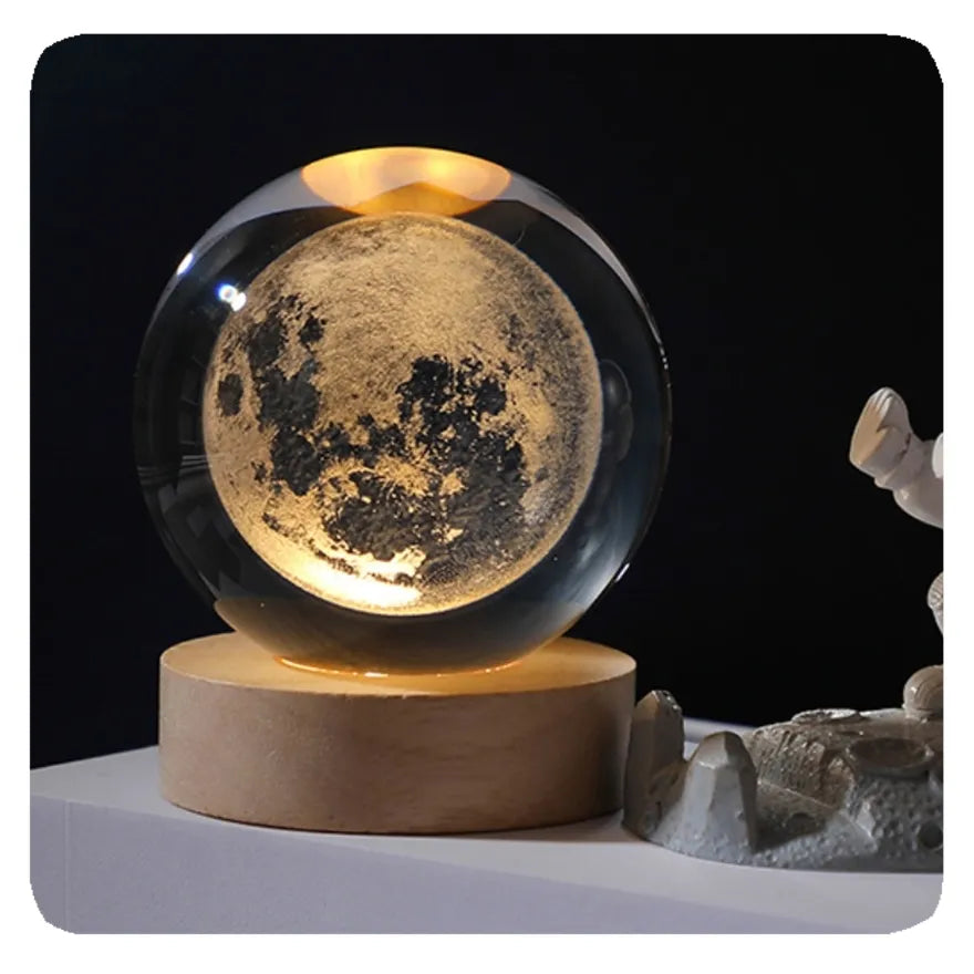 3D Laser Engraved Crystal Ball LED Night Light – With Wooden Base | USB Powered Gift & Home Décor