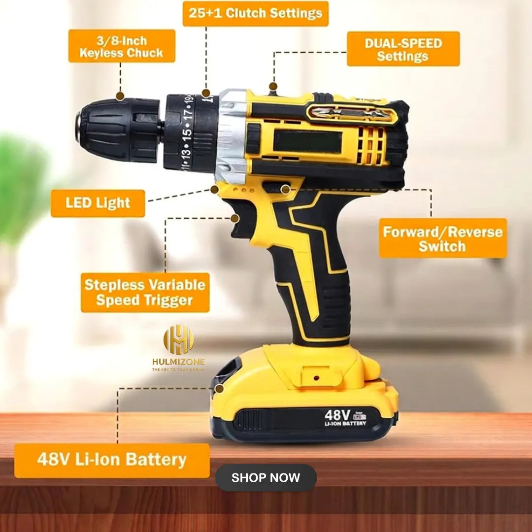 48V Cordless Drill Machine with 2 Batteries & Complete Tool Kit