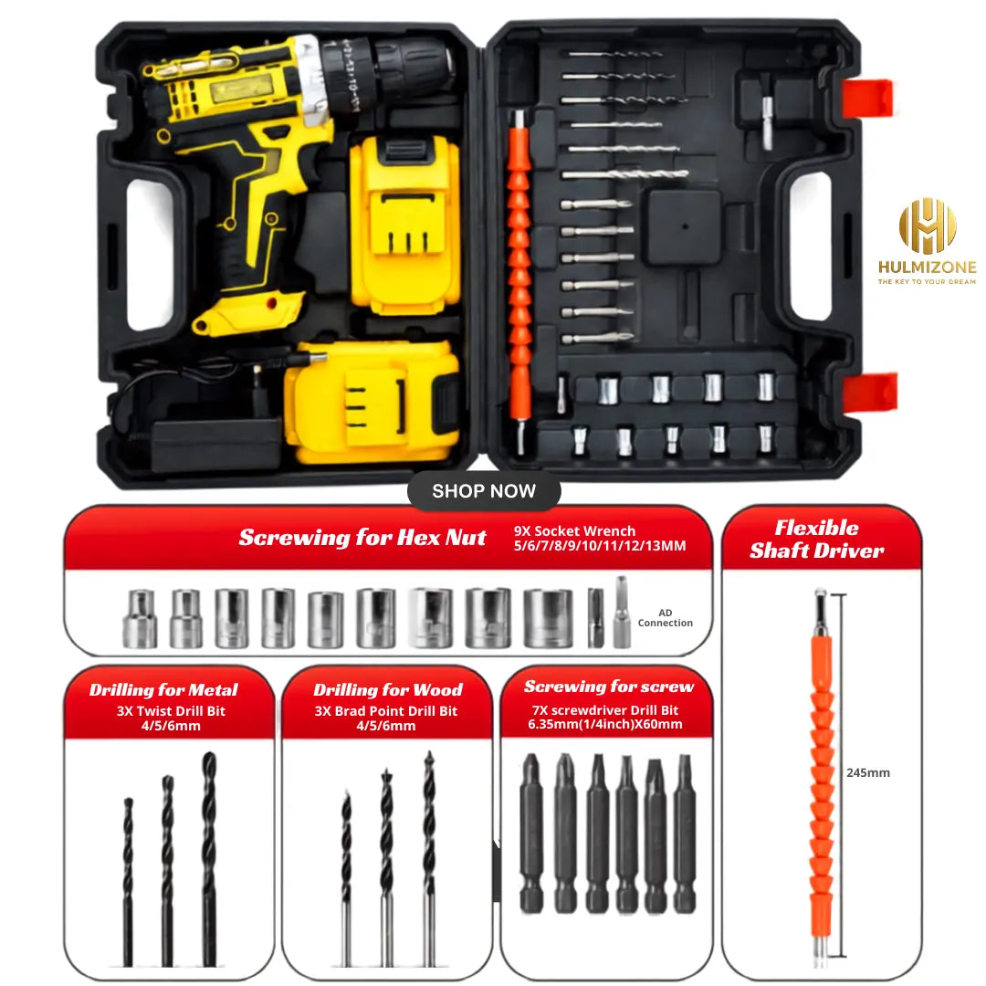 48V Cordless Drill Machine with 2 Batteries & Complete Tool Kit
