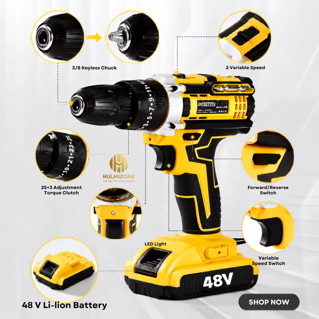 48V Cordless Drill Machine with 2 Batteries & Complete Tool Kit