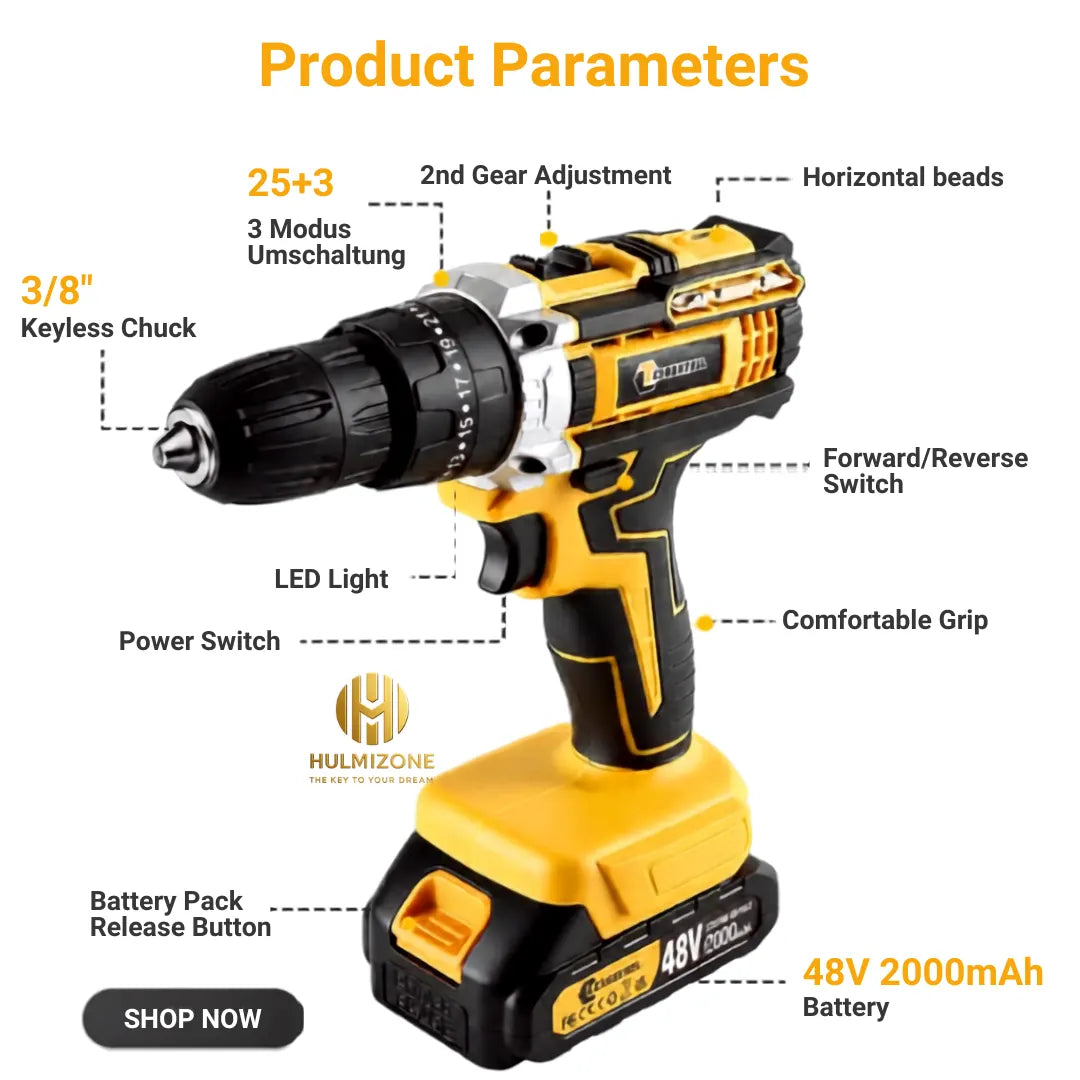 48V Cordless Drill Machine with 2 Batteries & Complete Tool Kit