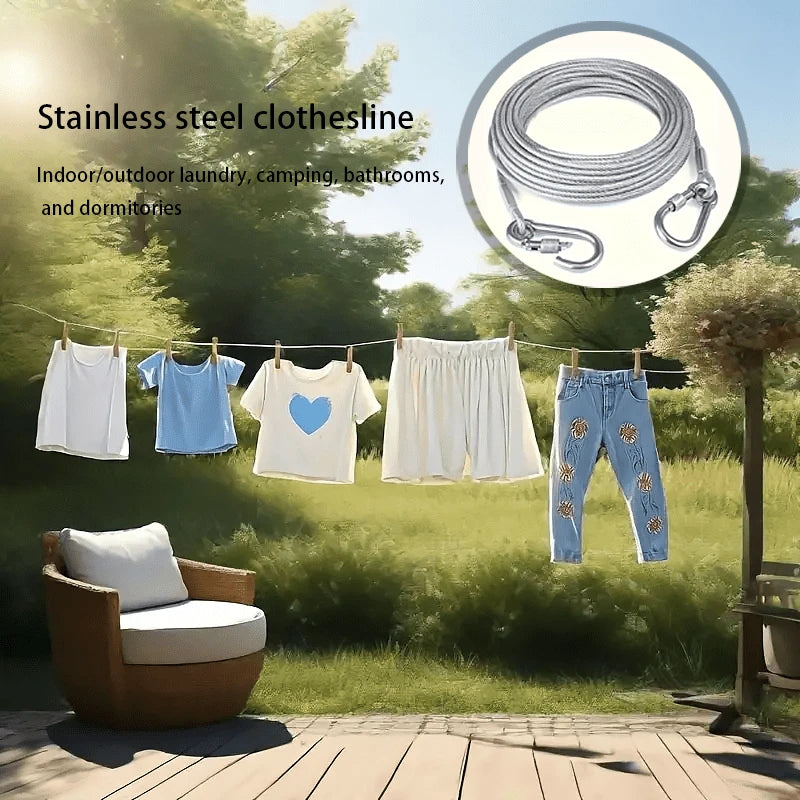 5M Heavy Duty Stainless Steel Clothesline Rope with Hooks – Adjustable Rustproof 304 Steel Wire Drying Line for Indoor Outdoor Laundry, Camping, Travel, Balcony & Multi-Purpose Pet Leash Cable