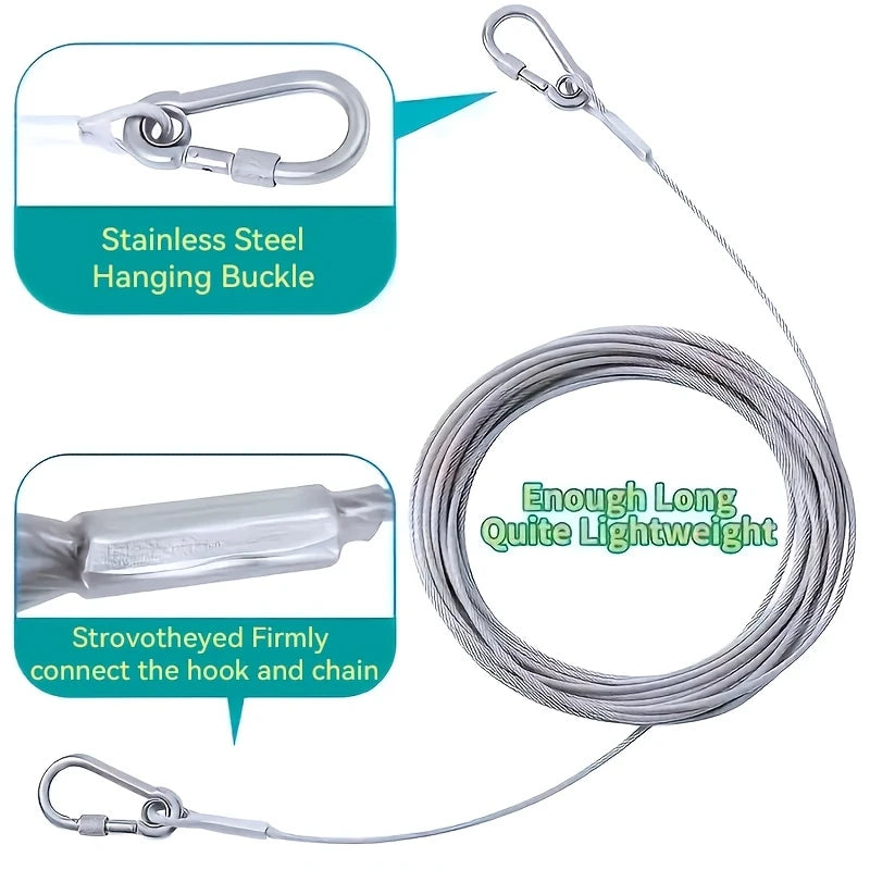 5M Heavy Duty Stainless Steel Clothesline Rope with Hooks – Adjustable Rustproof 304 Steel Wire Drying Line for Indoor Outdoor Laundry, Camping, Travel, Balcony & Multi-Purpose Pet Leash Cable