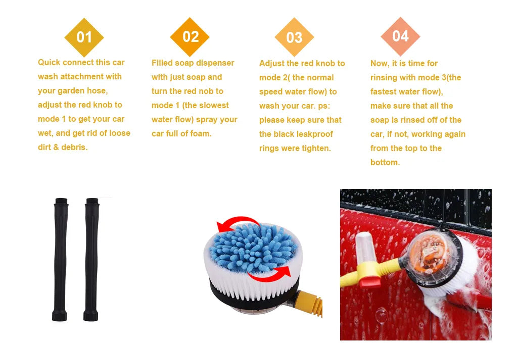 360° Automatic Rotating Car Wash Mop with Long Handle | High-Pressure Foam Brush Kit