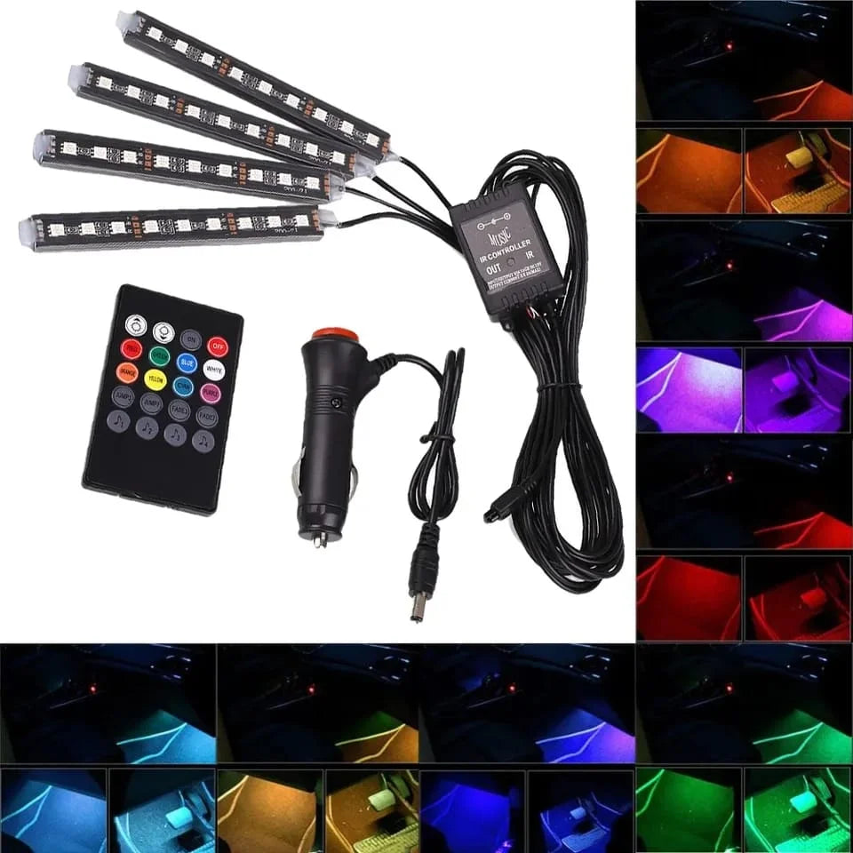 4-in-1 Car RGB LED Interior Ambient Light Strip Set with Remote Control