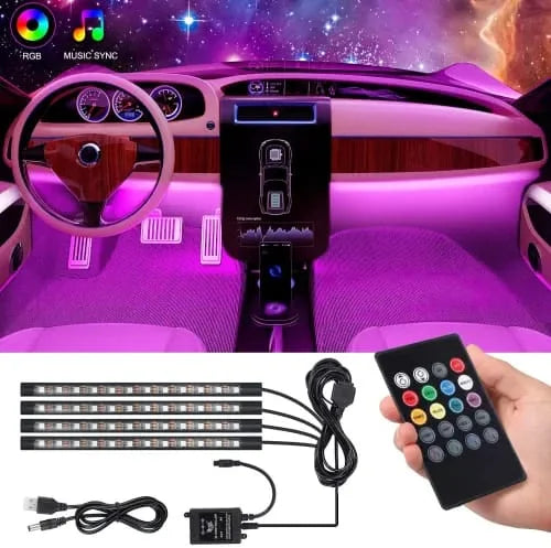 4-in-1 Car RGB LED Interior Ambient Light Strip Set with Remote Control