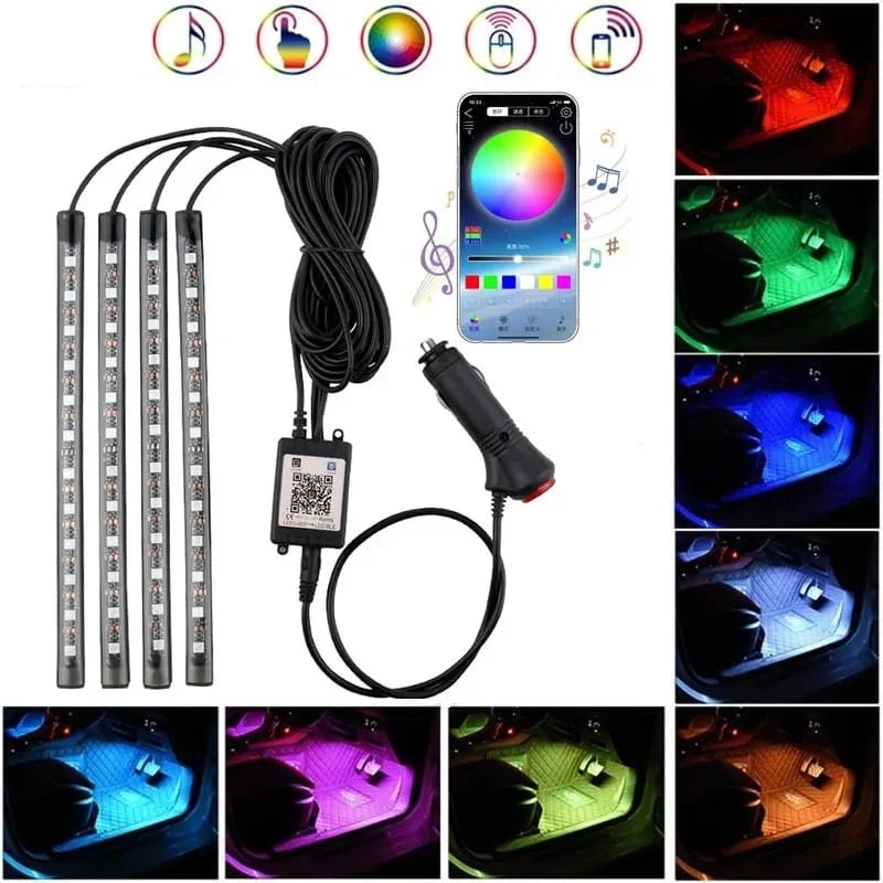 4-in-1 Car RGB LED Interior Ambient Light Strip Set with Remote Control