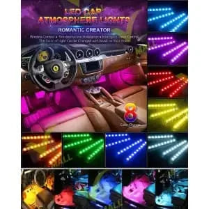4-in-1 Car RGB LED Interior Ambient Light Strip Set with Remote Control
