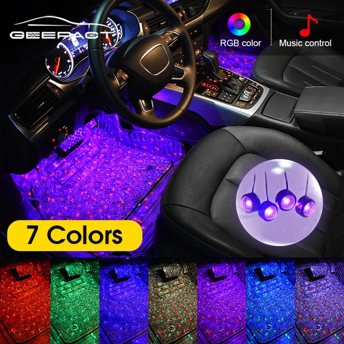 4-in-1 Car RGB LED Interior Ambient Light Strip Set with Remote Control