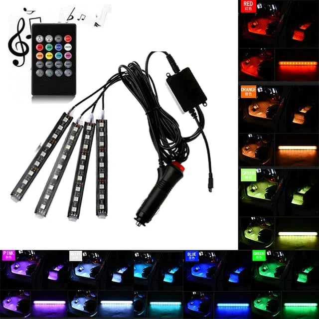 4-in-1 Car RGB LED Interior Ambient Light Strip Set with Remote Control