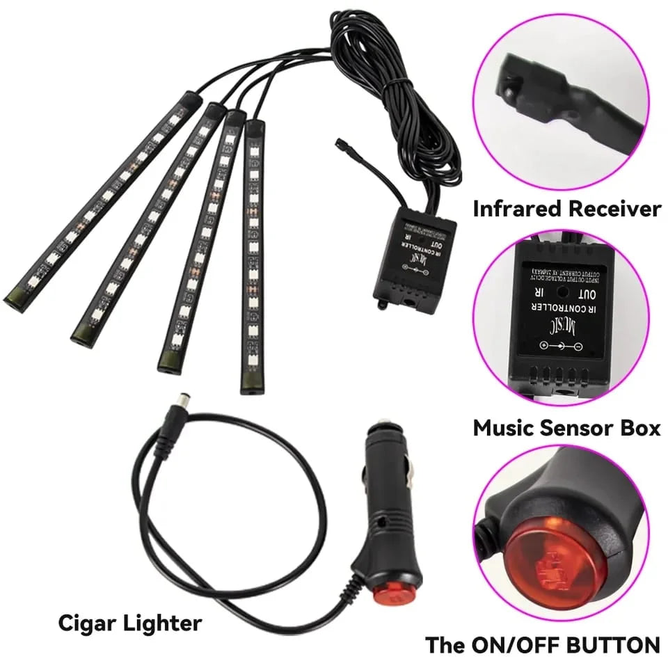 4-in-1 Car RGB LED Interior Ambient Light Strip Set with Remote Control