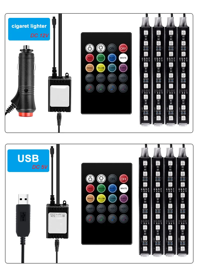 4-in-1 Car RGB LED Interior Ambient Light Strip Set with Remote Control