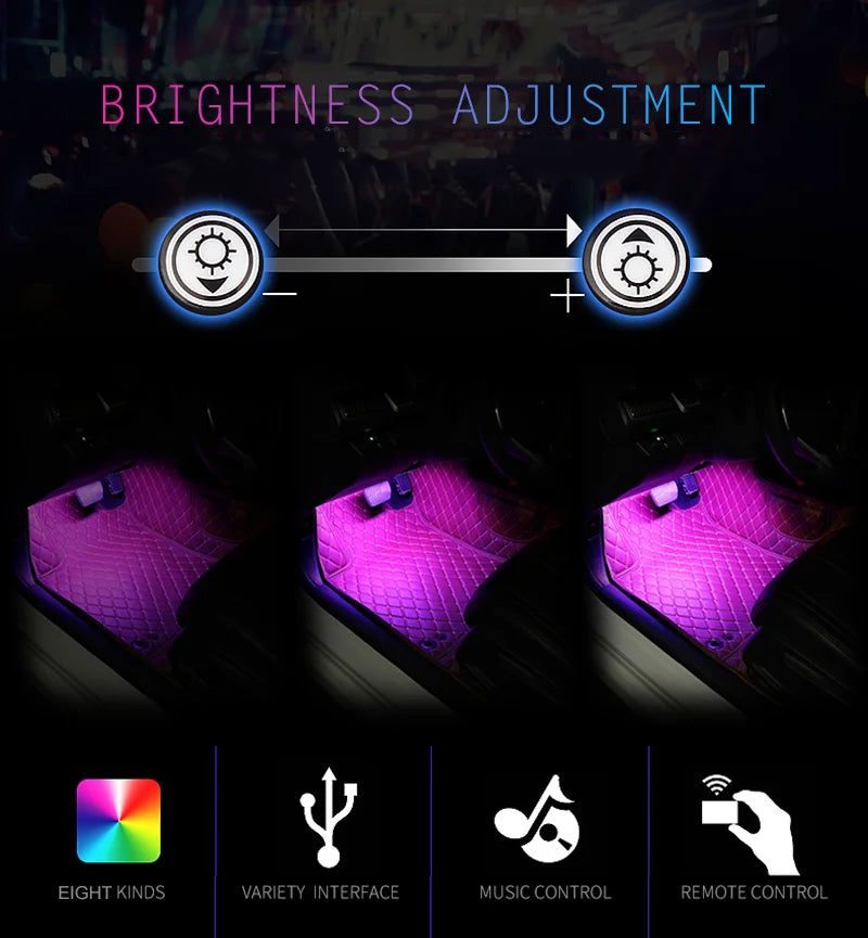 4-in-1 Car RGB LED Interior Ambient Light Strip Set with Remote Control