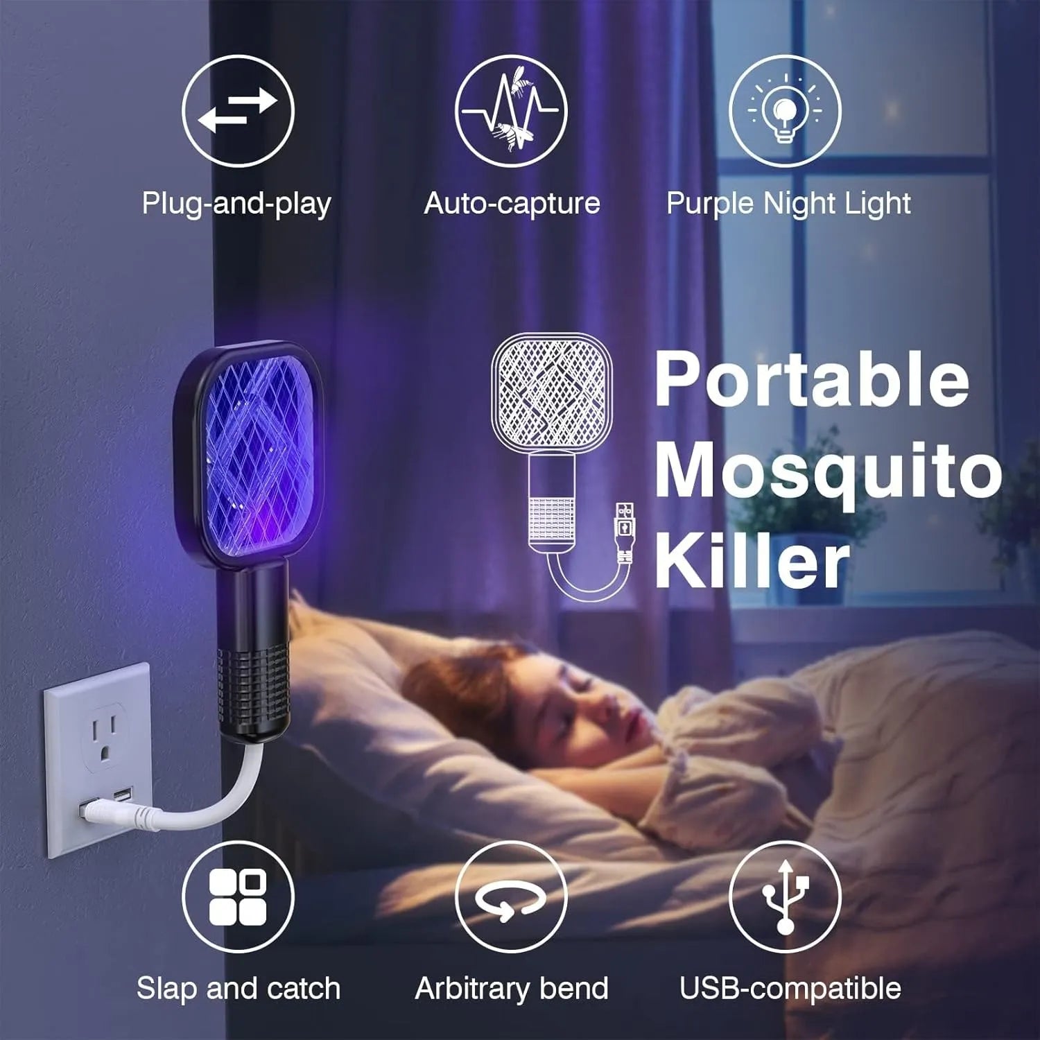 USB Electric Mosquito Killer Racket | 2-in-1 Bug Zapper Lamp for Indoor & Outdoor | Safe, Rechargeable, LED Trap Light