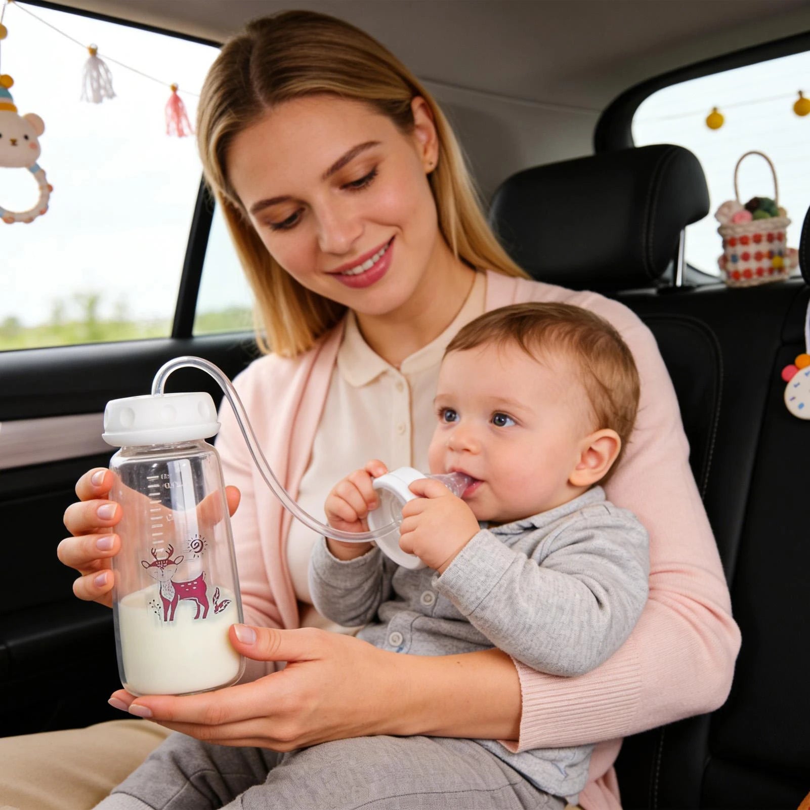 3-in-1 Hands-Free Baby Feeding Bottle with Tube | Anti-Colic BPA-Free Silicone Wide Neck Milk Storage Bottle | Self-Feeding Gravity Straw Bottle 240ML