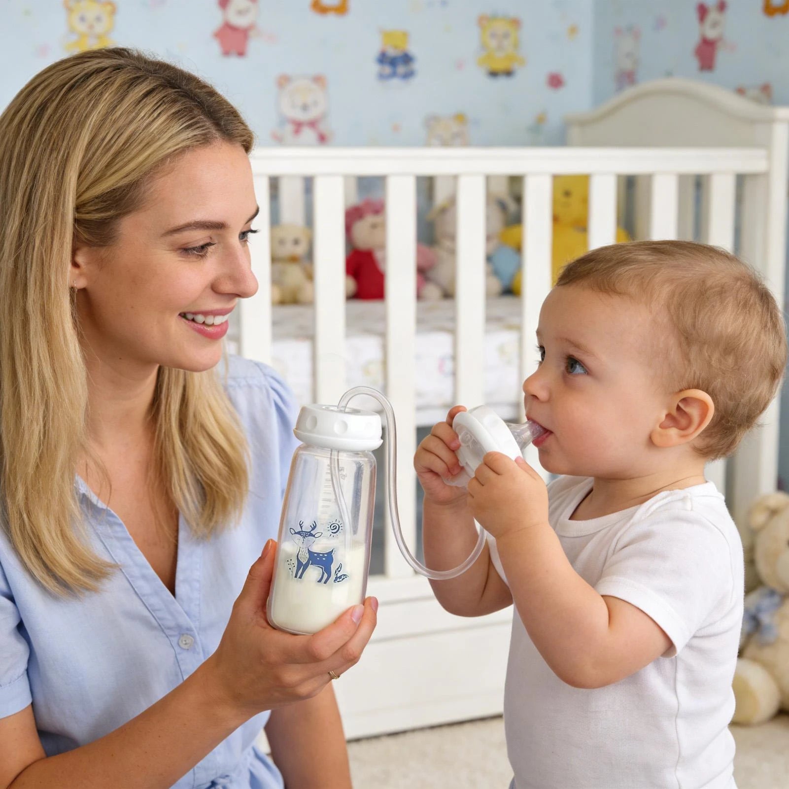 3-in-1 Hands-Free Baby Feeding Bottle with Tube | Anti-Colic BPA-Free Silicone Wide Neck Milk Storage Bottle | Self-Feeding Gravity Straw Bottle 240ML