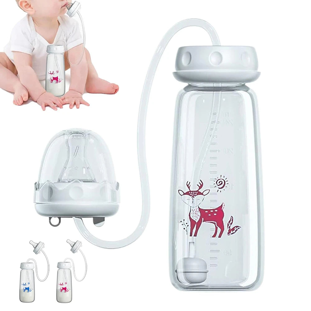 3-in-1 Hands-Free Baby Feeding Bottle with Tube | Anti-Colic BPA-Free Silicone Wide Neck Milk Storage Bottle | Self-Feeding Gravity Straw Bottle 240ML