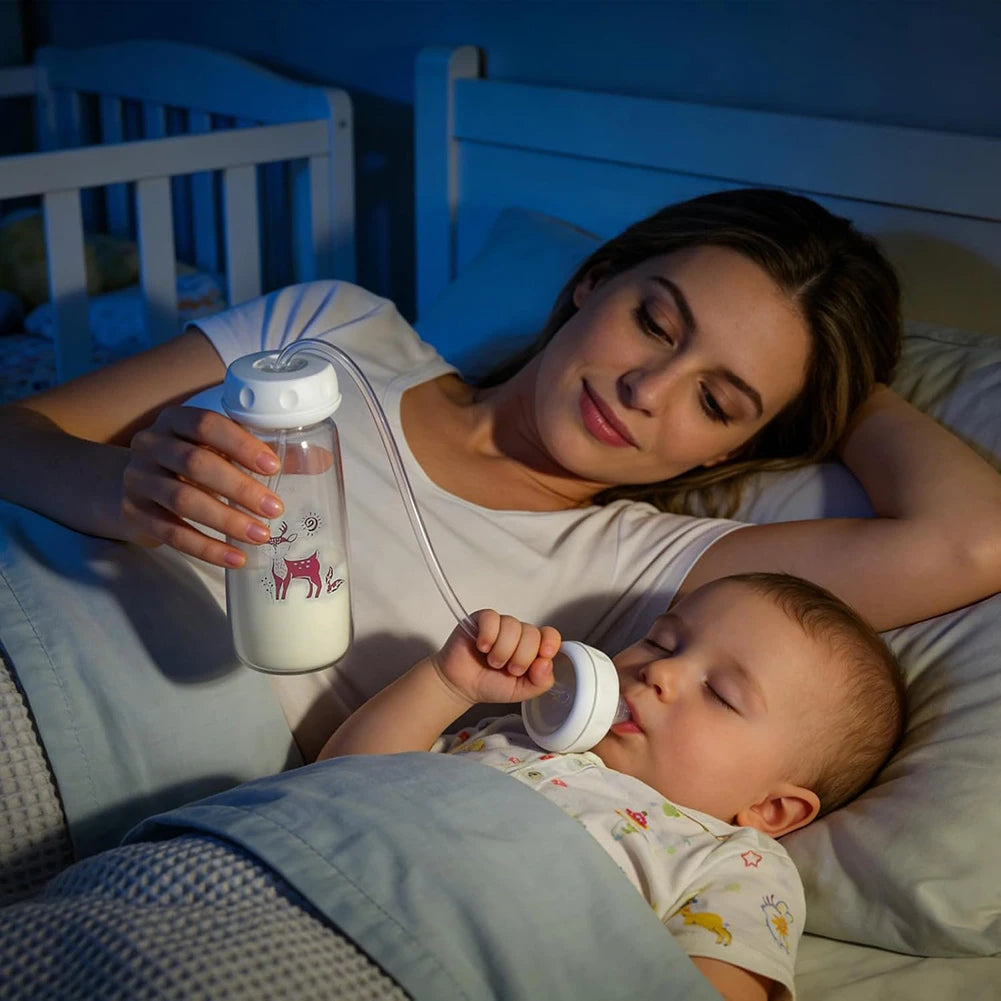 3-in-1 Hands-Free Baby Feeding Bottle with Tube | Anti-Colic BPA-Free Silicone Wide Neck Milk Storage Bottle | Self-Feeding Gravity Straw Bottle 240ML