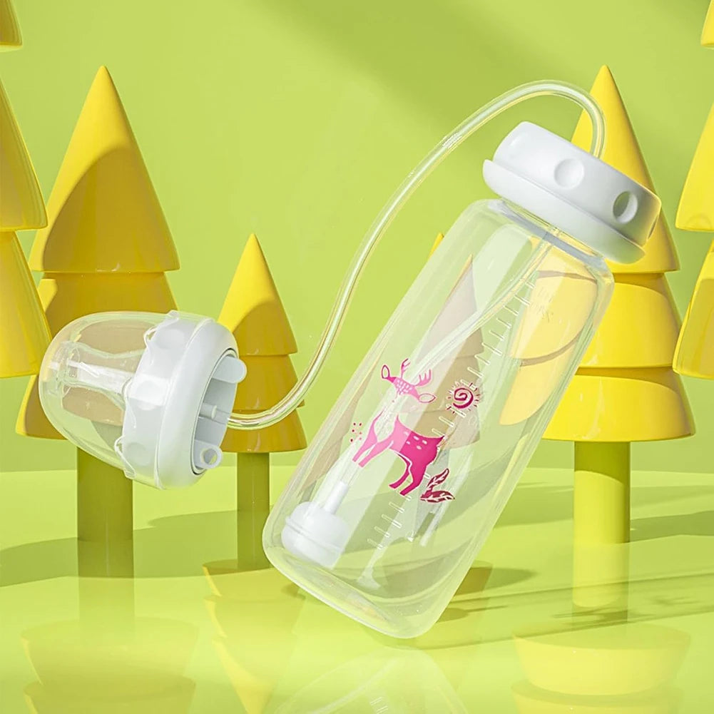 3-in-1 Hands-Free Baby Feeding Bottle with Tube | Anti-Colic BPA-Free Silicone Wide Neck Milk Storage Bottle | Self-Feeding Gravity Straw Bottle 240ML