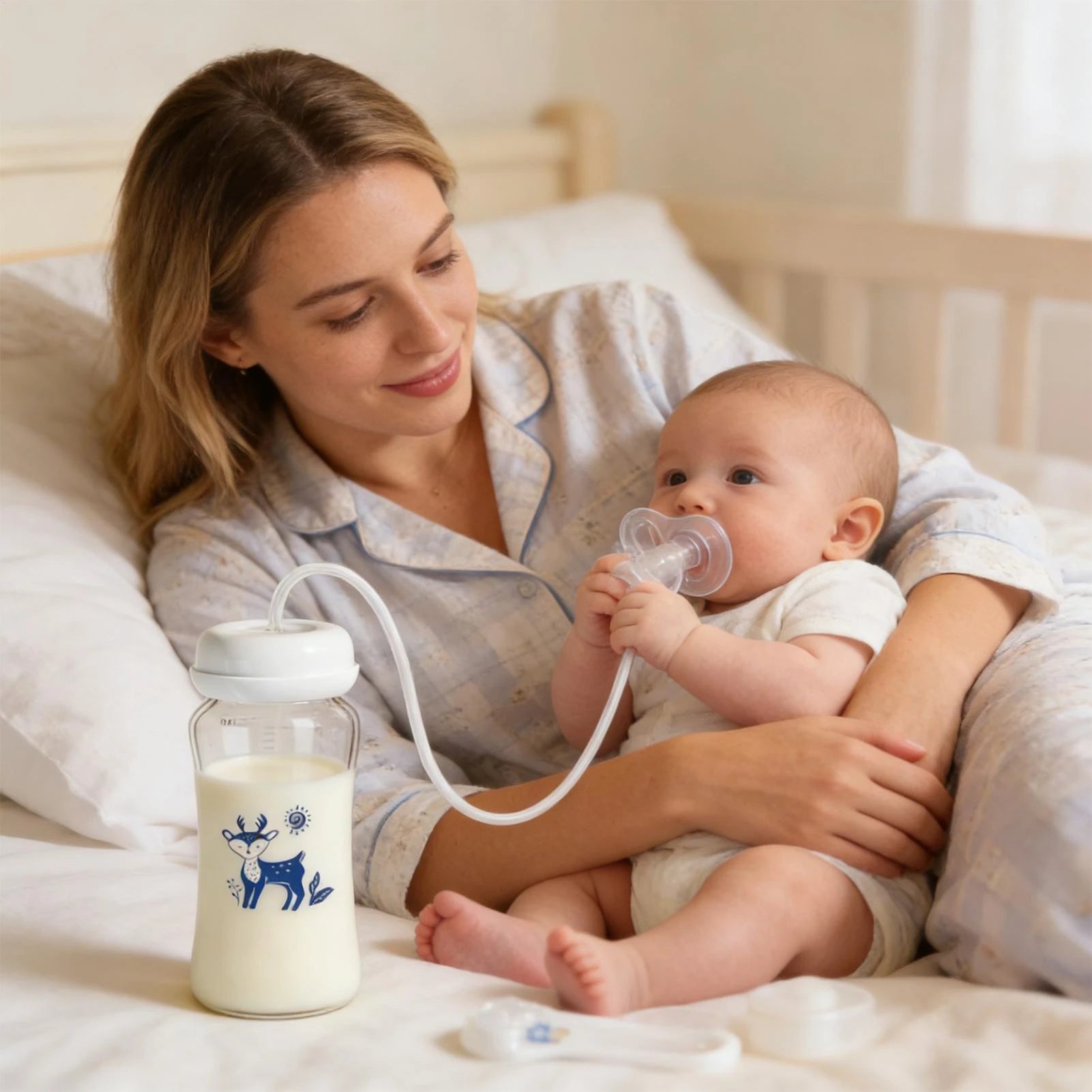 3-in-1 Hands-Free Baby Feeding Bottle with Tube | Anti-Colic BPA-Free Silicone Wide Neck Milk Storage Bottle | Self-Feeding Gravity Straw Bottle 240ML