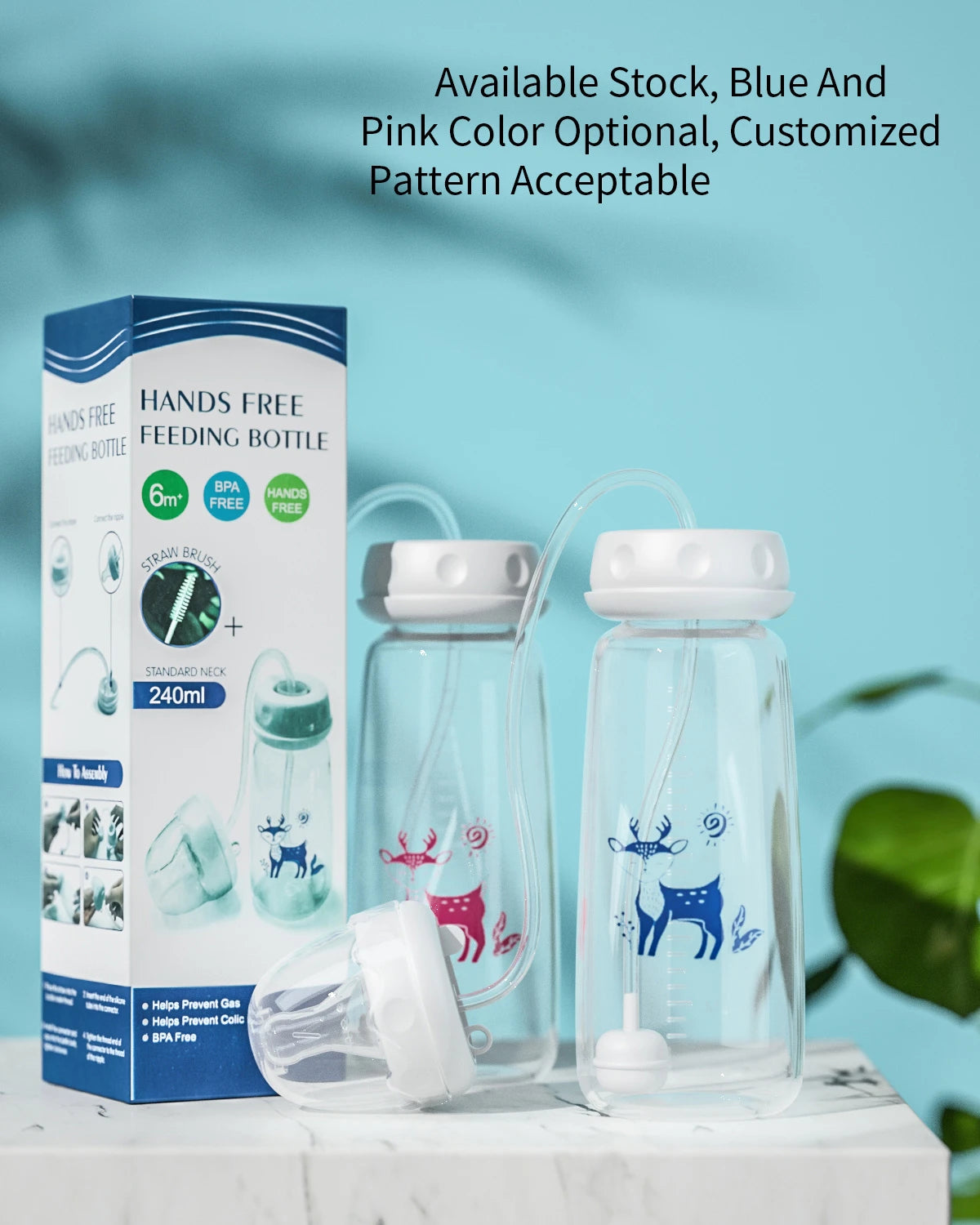 3-in-1 Hands-Free Baby Feeding Bottle with Tube | Anti-Colic BPA-Free Silicone Wide Neck Milk Storage Bottle | Self-Feeding Gravity Straw Bottle 240ML