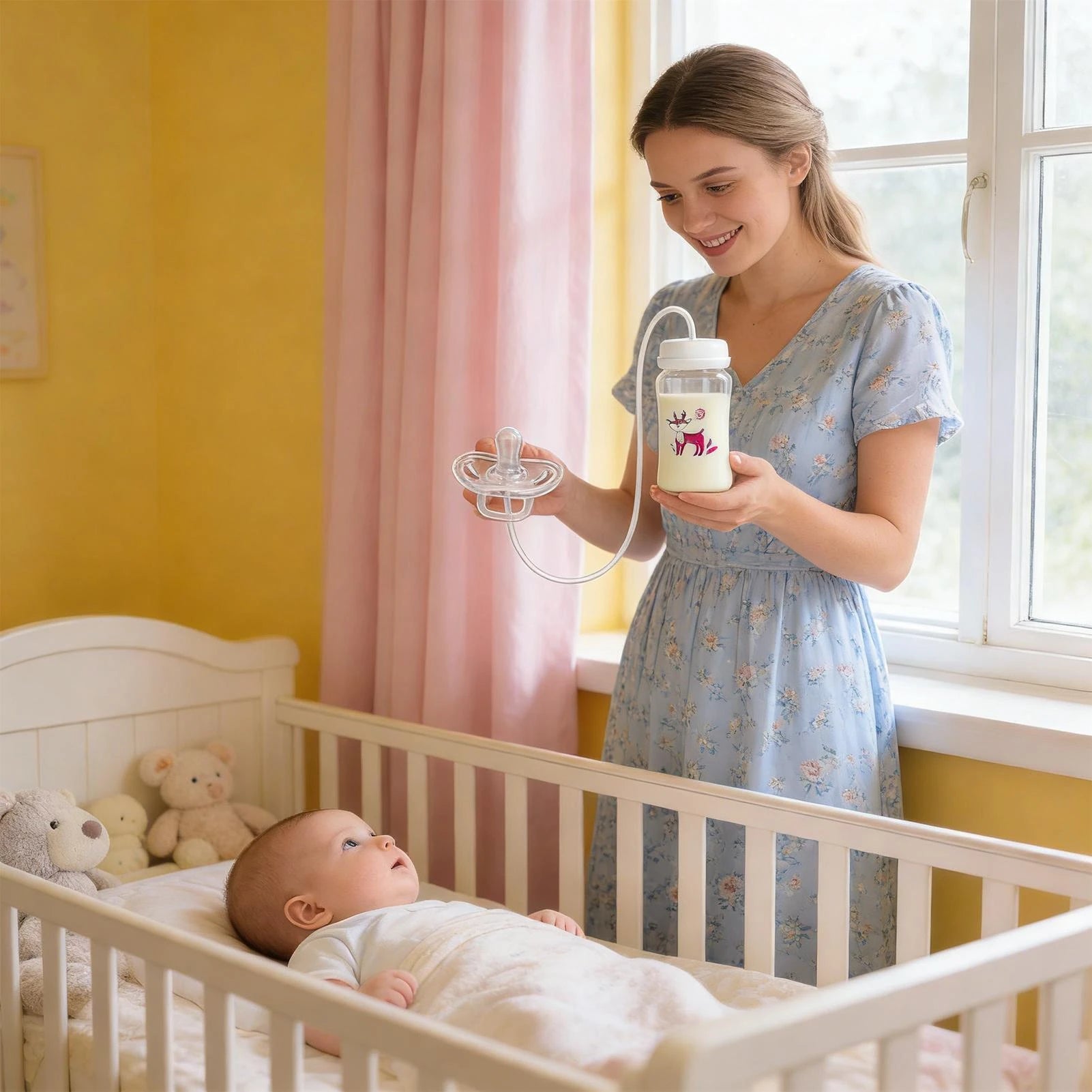 3-in-1 Hands-Free Baby Feeding Bottle with Tube | Anti-Colic BPA-Free Silicone Wide Neck Milk Storage Bottle | Self-Feeding Gravity Straw Bottle 240ML