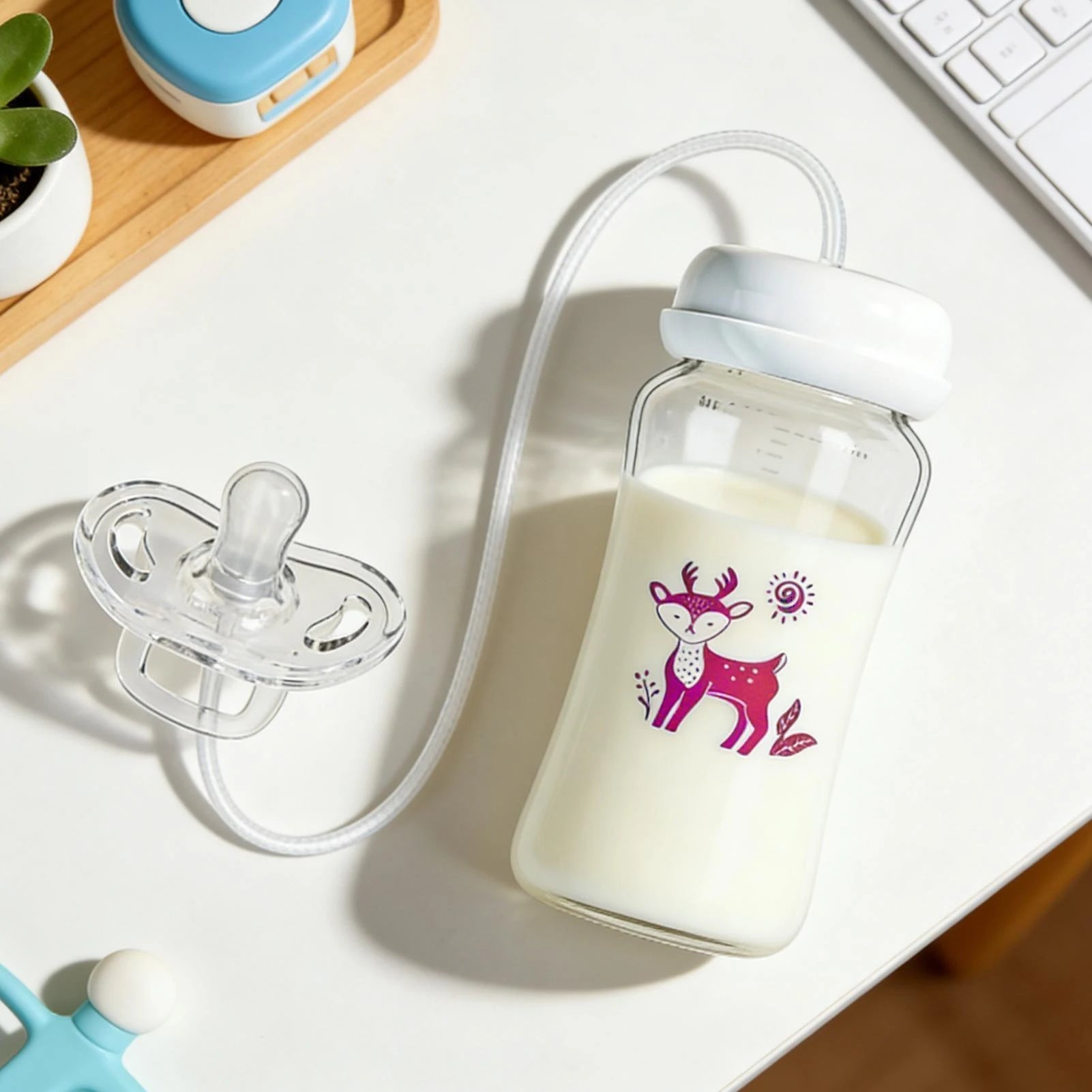 3-in-1 Hands-Free Baby Feeding Bottle with Tube | Anti-Colic BPA-Free Silicone Wide Neck Milk Storage Bottle | Self-Feeding Gravity Straw Bottle 240ML