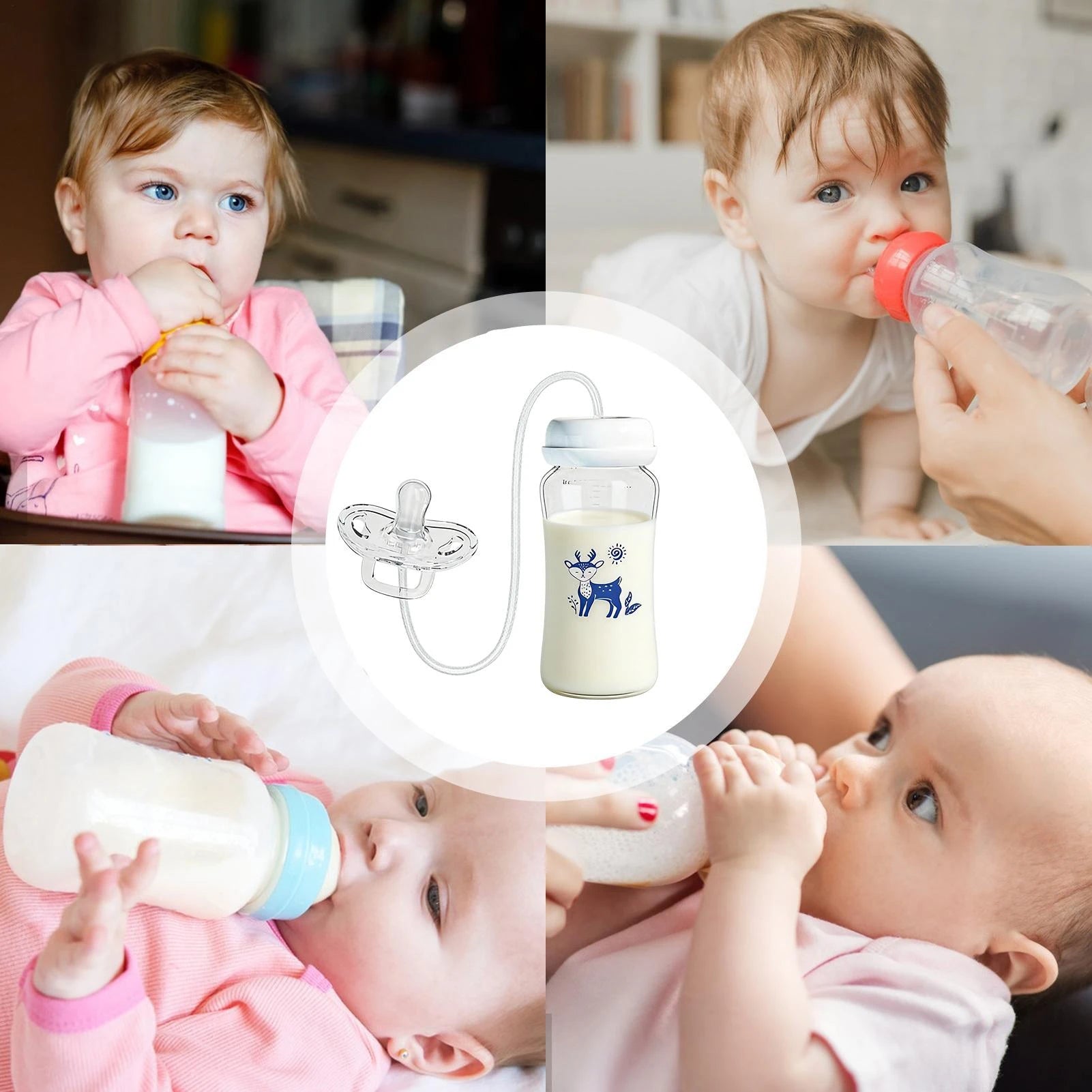 3-in-1 Hands-Free Baby Feeding Bottle with Tube | Anti-Colic BPA-Free Silicone Wide Neck Milk Storage Bottle | Self-Feeding Gravity Straw Bottle 240ML