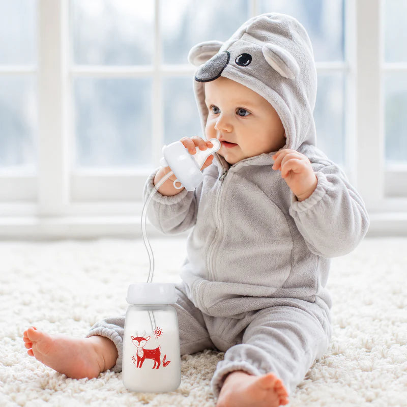 3-in-1 Hands-Free Baby Feeding Bottle with Tube | Anti-Colic BPA-Free Silicone Wide Neck Milk Storage Bottle | Self-Feeding Gravity Straw Bottle 240ML