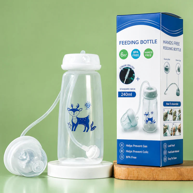 3-in-1 Hands-Free Baby Feeding Bottle with Tube | Anti-Colic BPA-Free Silicone Wide Neck Milk Storage Bottle | Self-Feeding Gravity Straw Bottle 240ML