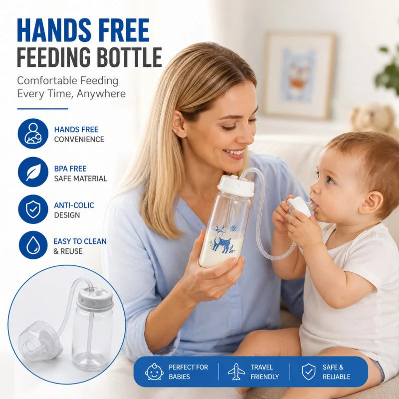 3-in-1 Hands-Free Baby Feeding Bottle with Tube | Anti-Colic BPA-Free Silicone Wide Neck Milk Storage Bottle | Self-Feeding Gravity Straw Bottle 240ML