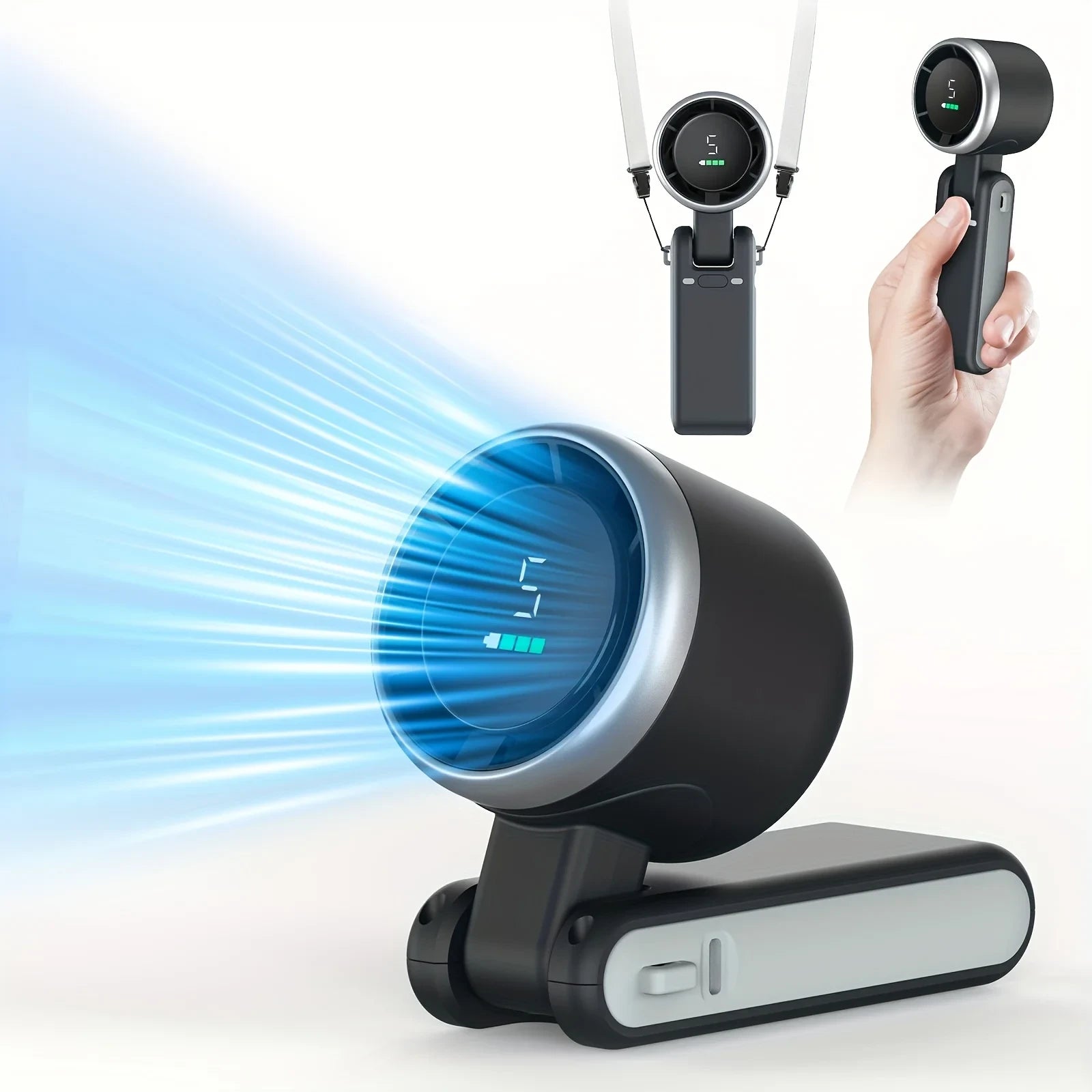 High Speed Turbo Rechargeable Handheld Fan – 5 Speed Digital Display Hanging Fan