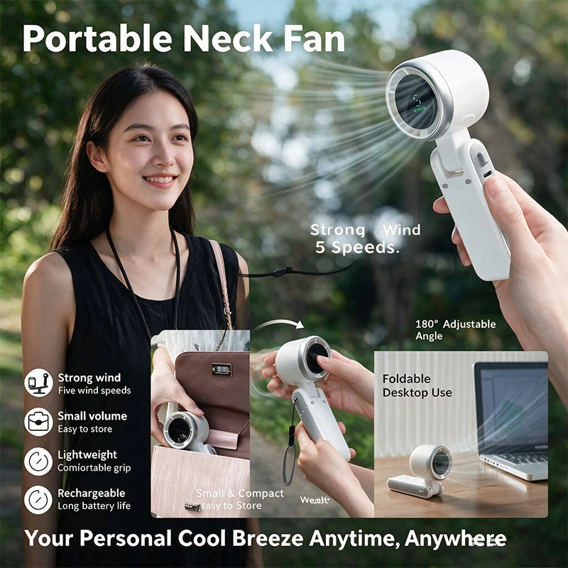 High Speed Turbo Rechargeable Handheld Fan – 5 Speed Digital Display Hanging Fan