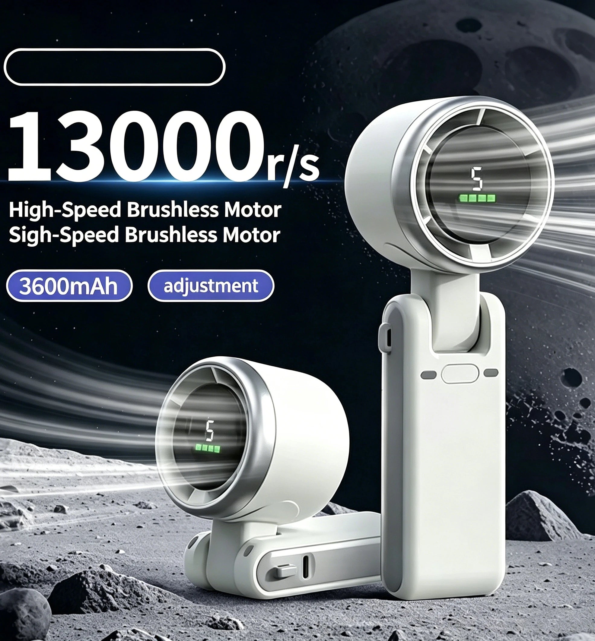 High Speed Turbo Rechargeable Handheld Fan – 5 Speed Digital Display Hanging Fan