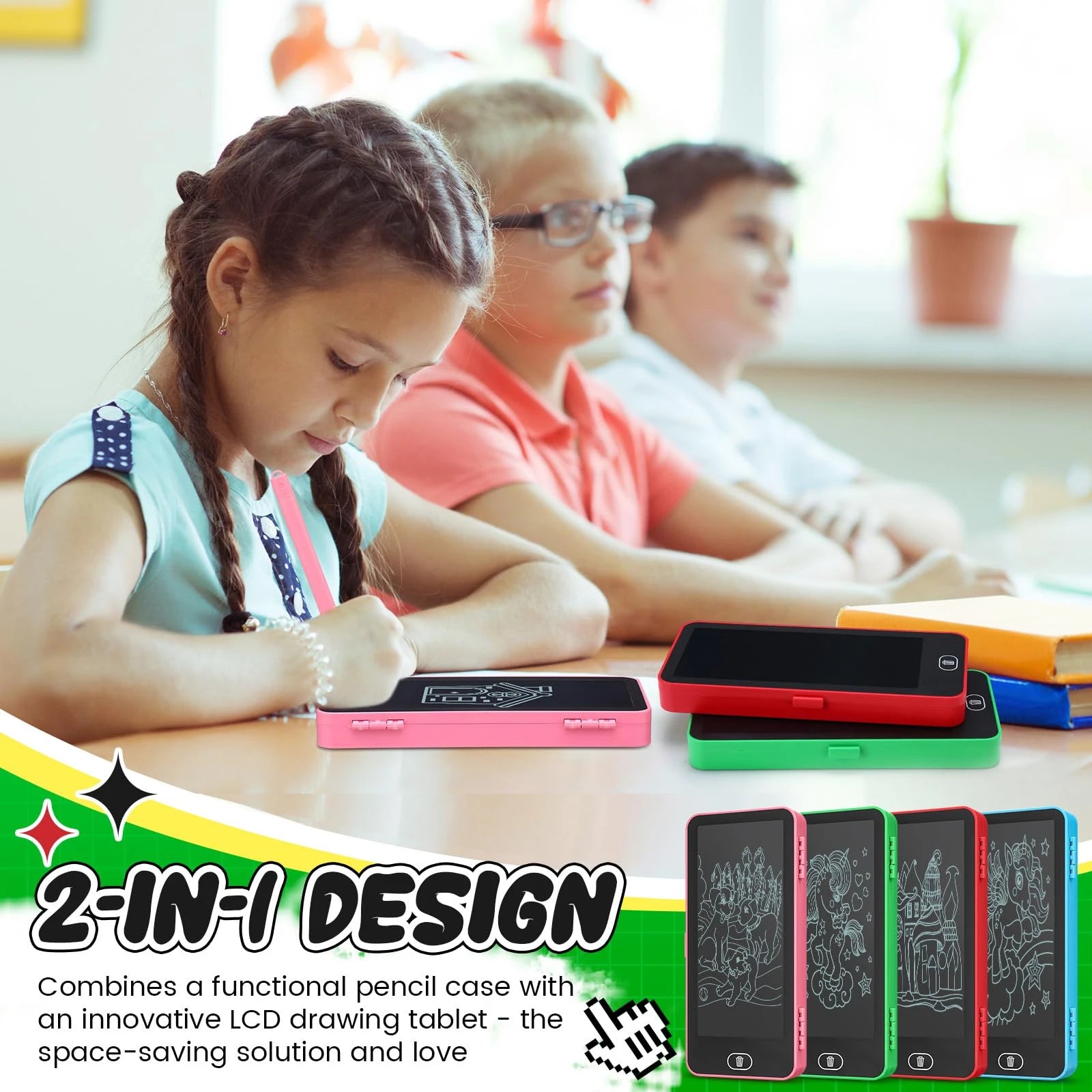 LCD Writing Tablet Pencil Box for Kids – 2 in 1 Digital Drawing Board & Stationery Organizer for Boys & Girls  Smart 2-in-1 Pencil Box with LCD Writing Tablet