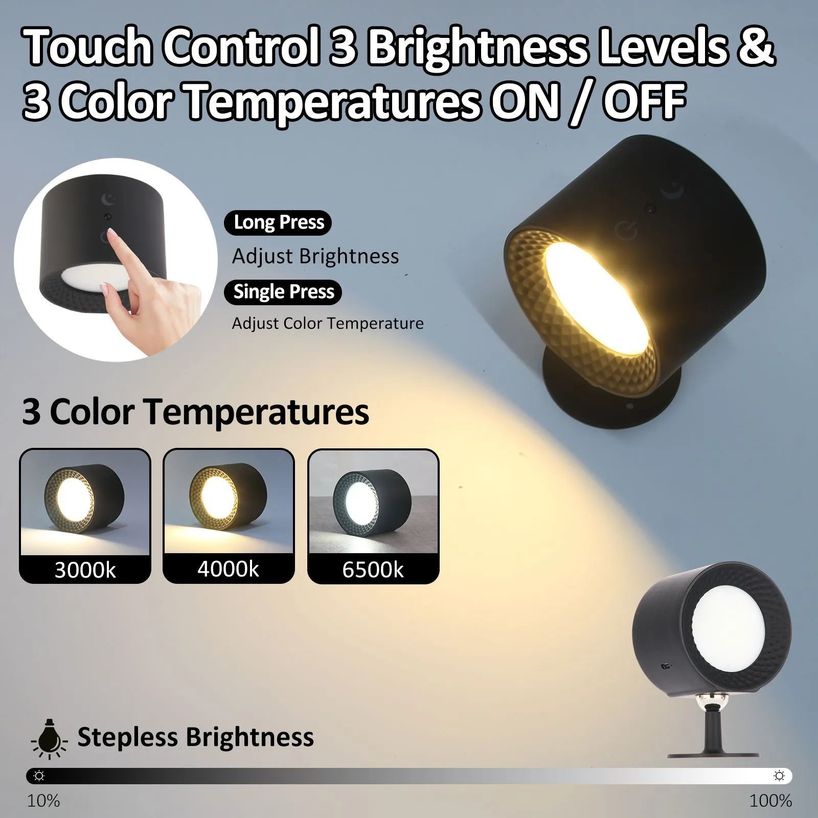 Magnetic LED Wall Lamp - 360° Rotatable Touch Control Night Light for Bedroom & Living Room