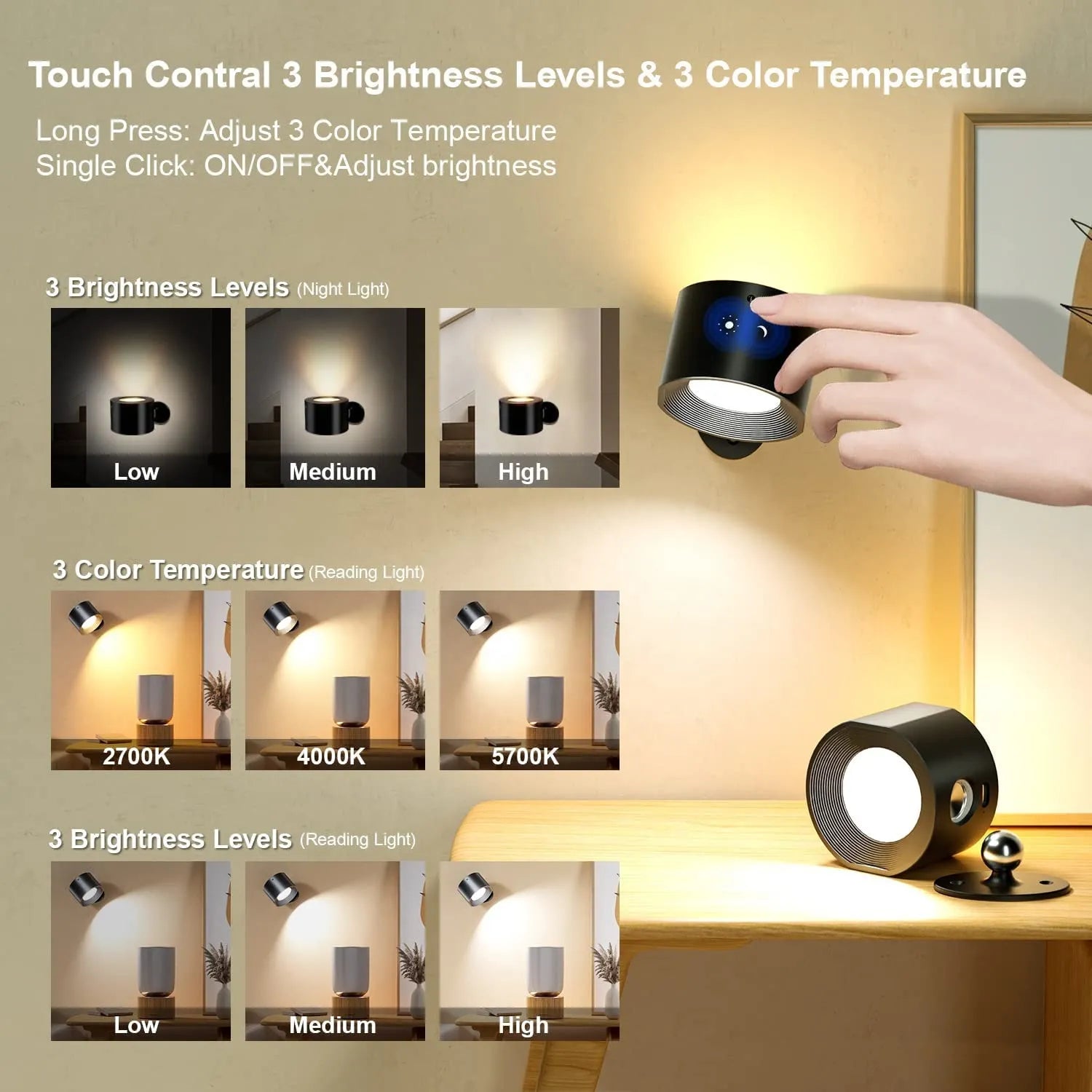 Magnetic LED Wall Lamp - 360° Rotatable Touch Control Night Light for Bedroom & Living Room
