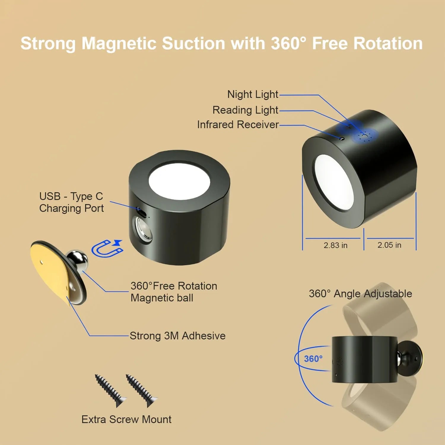 Magnetic LED Wall Lamp - 360° Rotatable Touch Control Night Light for Bedroom & Living Room