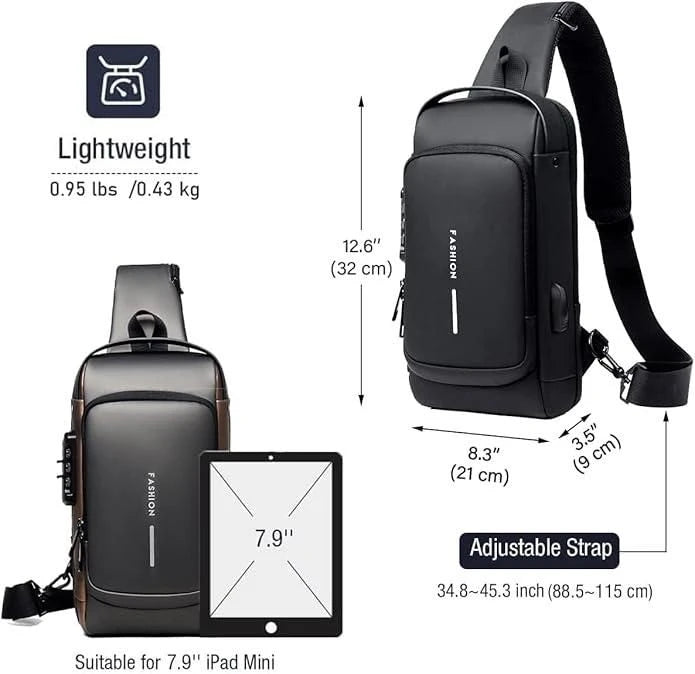 Anti-Theft Waterproof Sling Bag with USB Charging Port Password Lock | Crossbody Chest Bag for Men Women | Travel, Gym Daily Use Shoulder Bag