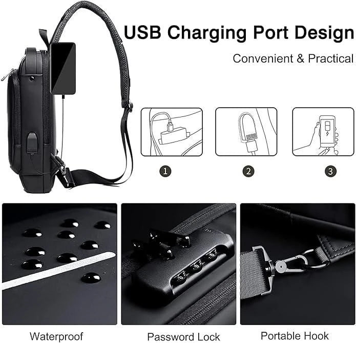 Anti-Theft Waterproof Sling Bag with USB Charging Port Password Lock | Crossbody Chest Bag for Men Women | Travel, Gym Daily Use Shoulder Bag