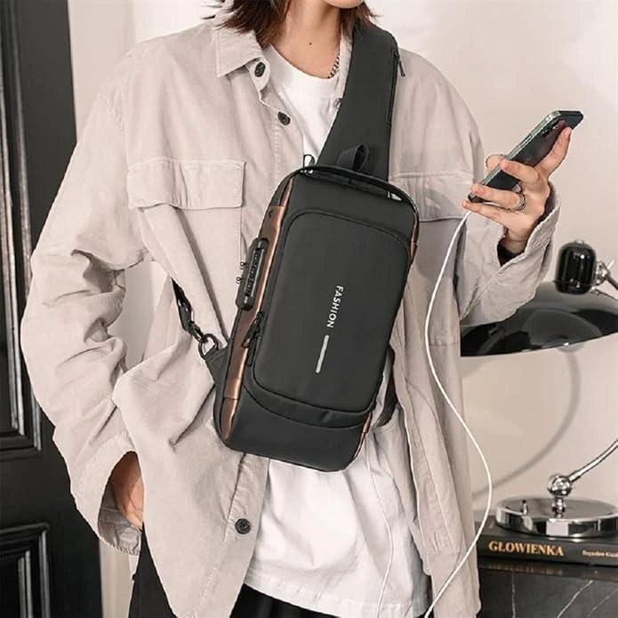 Anti-Theft Waterproof Sling Bag with USB Charging Port Password Lock | Crossbody Chest Bag for Men Women | Travel, Gym Daily Use Shoulder Bag