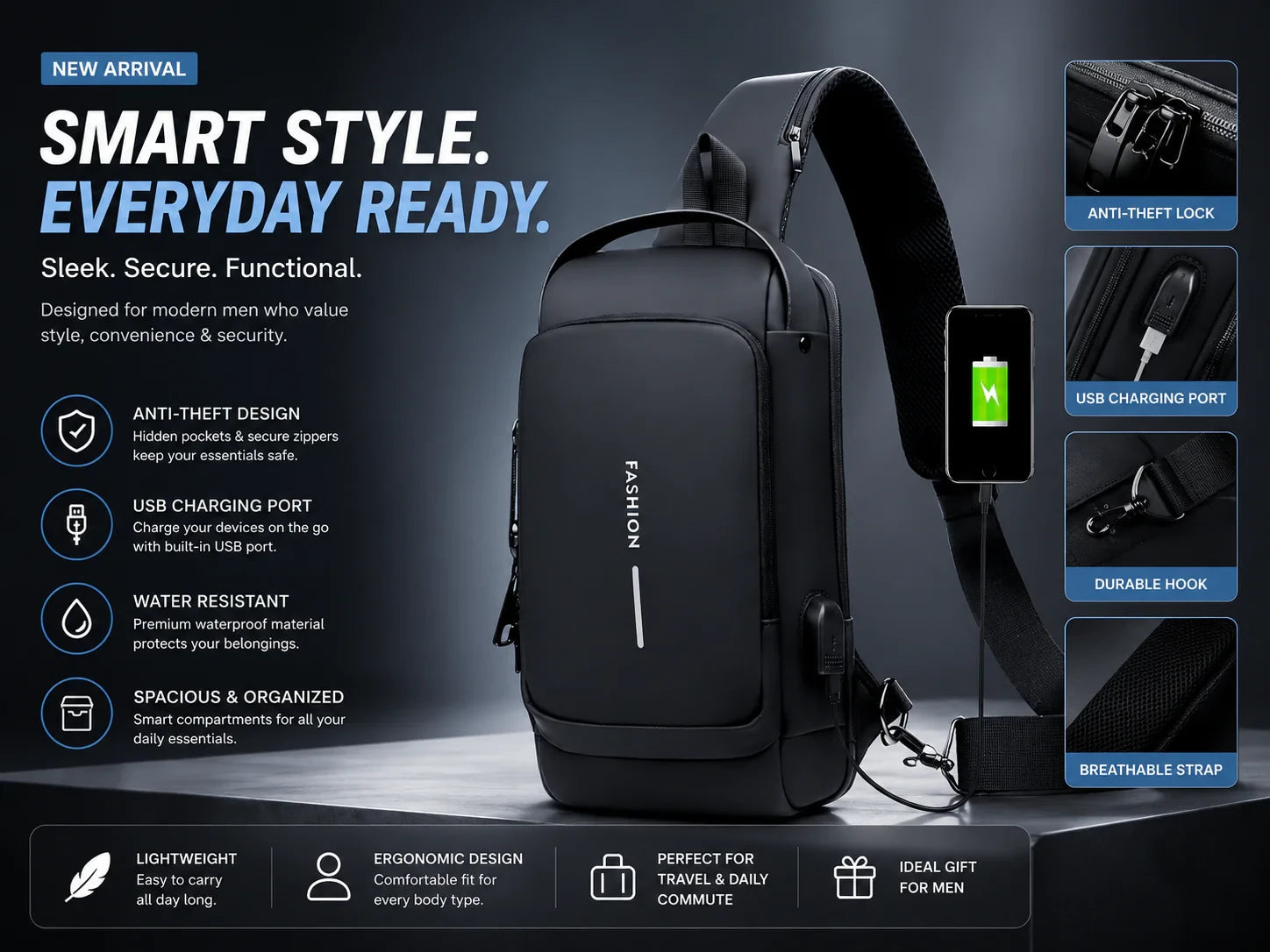Anti-Theft Waterproof Sling Bag with USB Charging Port Password Lock | Crossbody Chest Bag for Men Women | Travel, Gym Daily Use Shoulder Bag