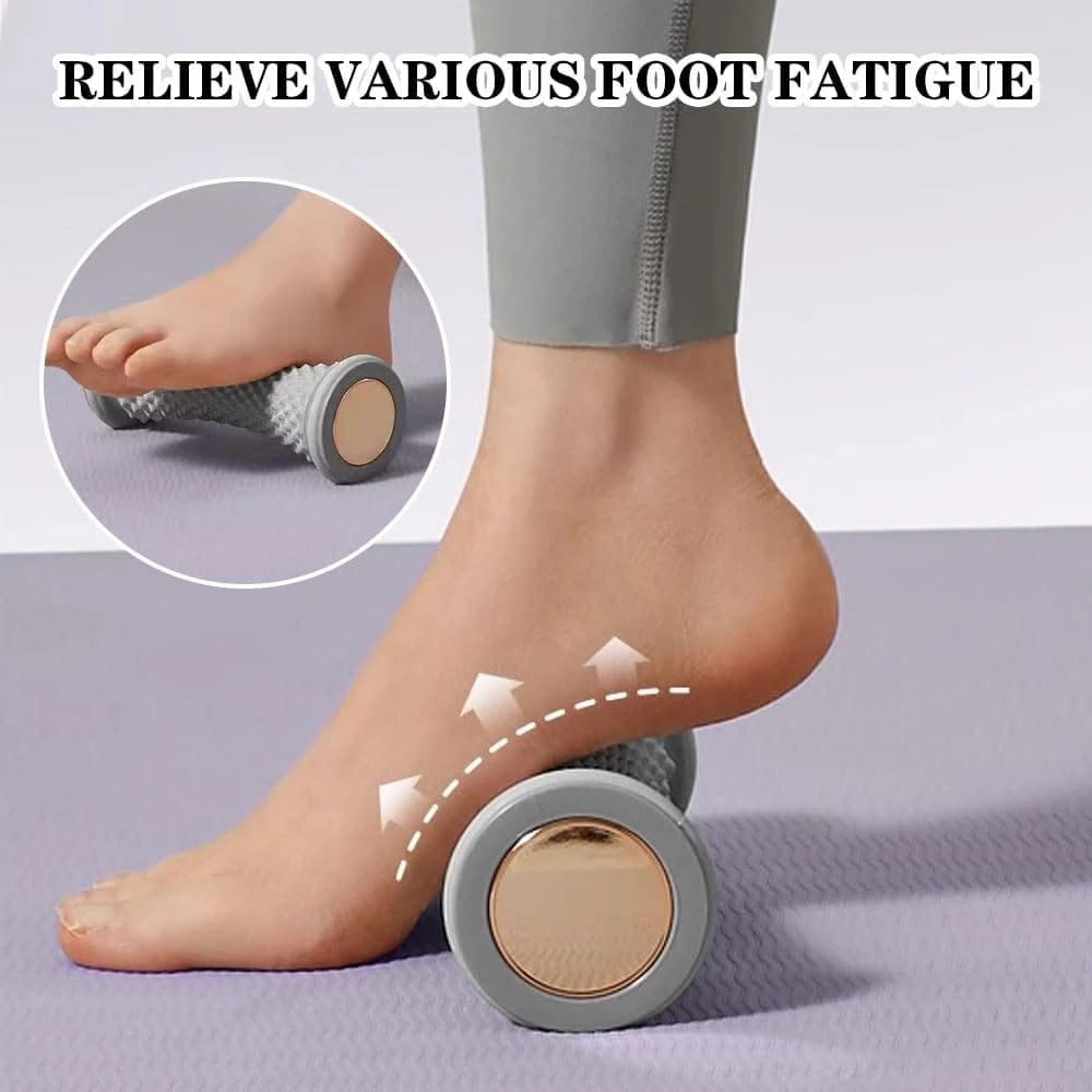 A foot massage roller being used under a person's foot, with an inset showing the foot resting on the roller. The text at the top reads 'RELIEVE VARIOUS FOOT FATIGUE'.