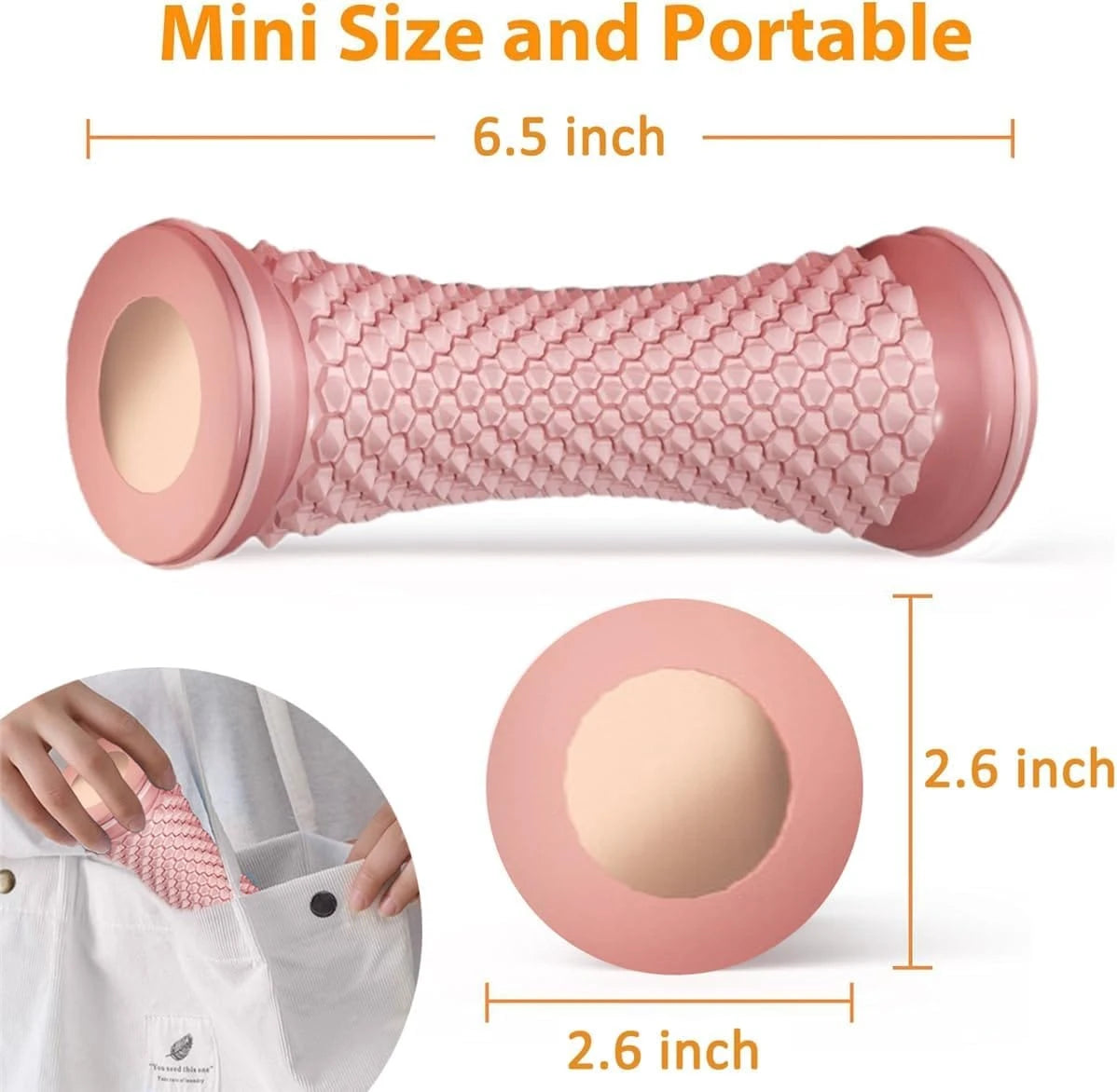 Pink mini portable massage wand with a textured honeycomb pattern, shown with dimension labels (6.5 inch length, 2.