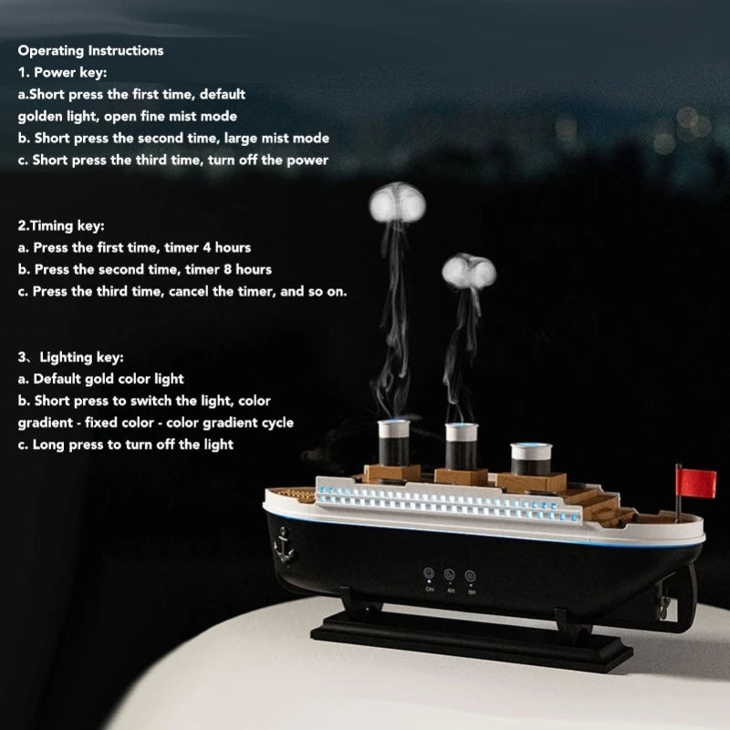 Titanic Ship Air Humidifier 250ML with Remote Control | Jellyfish Smoke Ring Aroma Diffuser