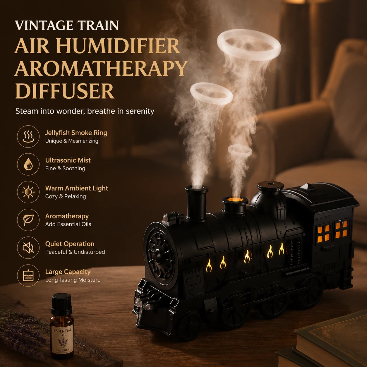 Vintage Train 300ml Air Humidifier & Aroma Diffuser with Remote and LED Light