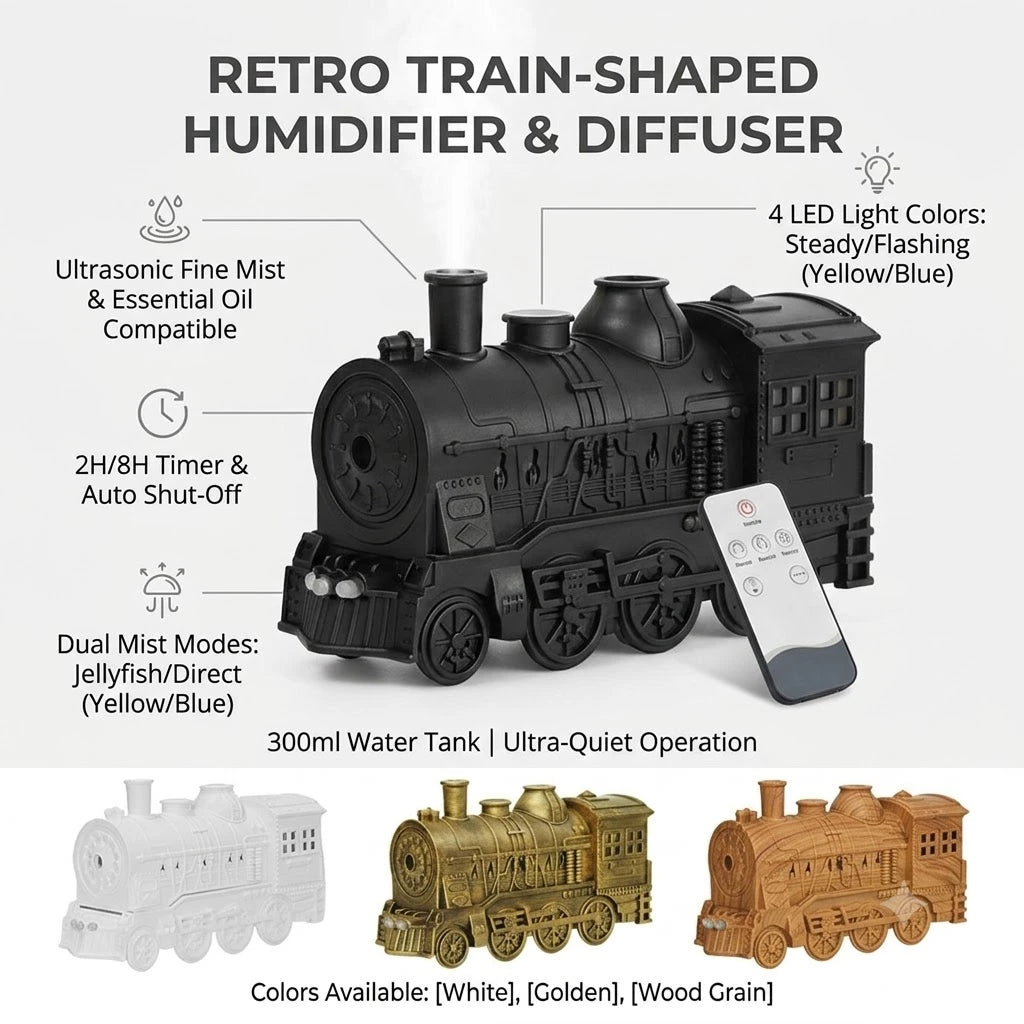 Vintage Train 300ml Air Humidifier & Aroma Diffuser with Remote and LED Light