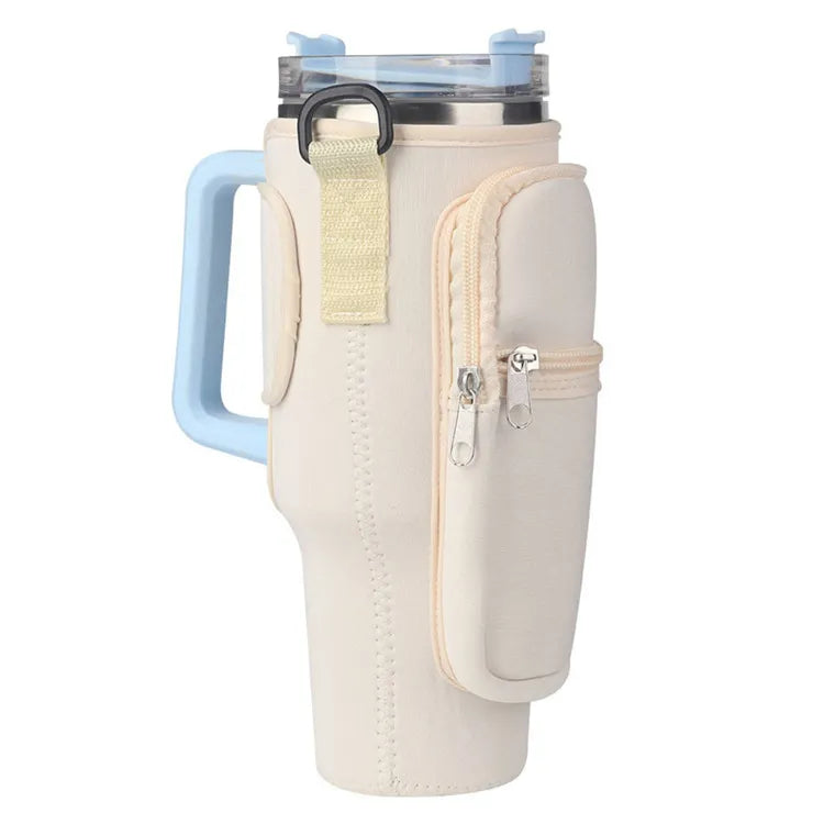 40oz Water Bottle Carrier Bag for Stanley Quencher Tumbler with Adjustable Strap & Pockets | Neoprene Sleeve Cup Holder Pouch ( Random Color )
