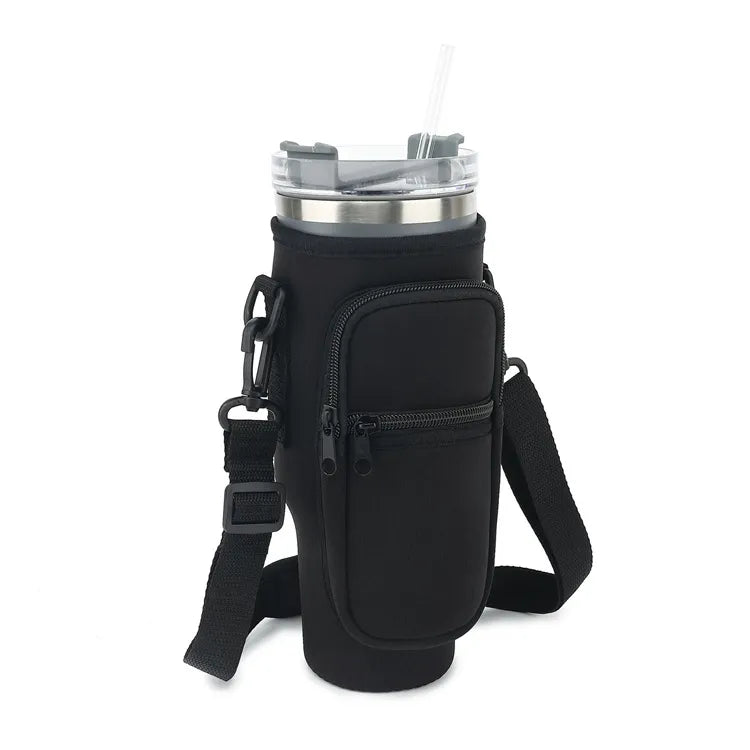 40oz Water Bottle Carrier Bag for Stanley Quencher Tumbler with Adjustable Strap & Pockets | Neoprene Sleeve Cup Holder Pouch ( Random Color )