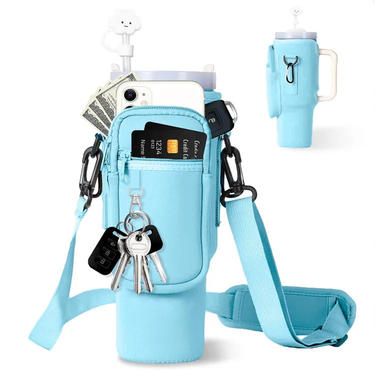 40oz Water Bottle Carrier Bag for Stanley Quencher Tumbler with Adjustable Strap & Pockets | Neoprene Sleeve Cup Holder Pouch ( Random Color )